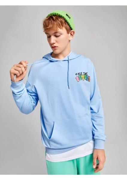 Bebe Mavi Face Future Baskılı Oversize Erkek Sweatshirt