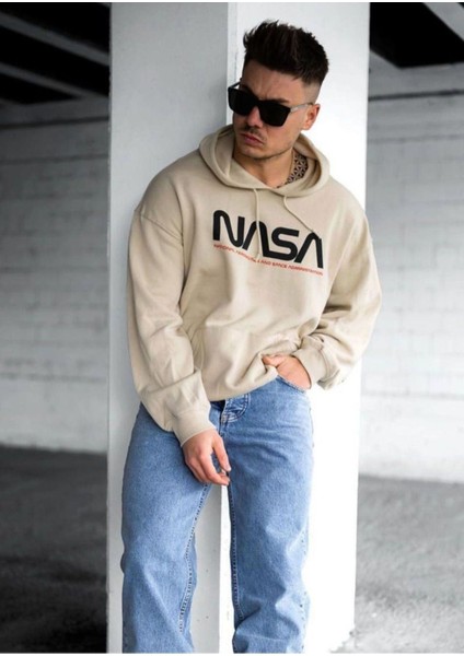 Erkek Bej Nasa Baskılı Oversize Kapüşonlu Sweatshirt