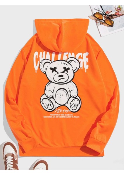 Turuncu Challenge Baskılı Oversize Kapüşonlu Erkek Sweatshirt
