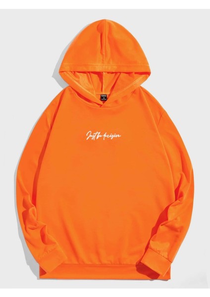 Turuncu Challenge Baskılı Oversize Kapüşonlu Erkek Sweatshirt