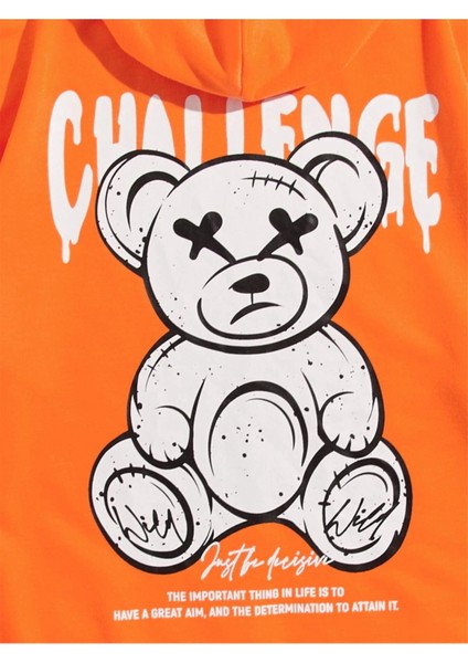 Turuncu Challenge Baskılı Oversize Kapüşonlu Erkek Sweatshirt