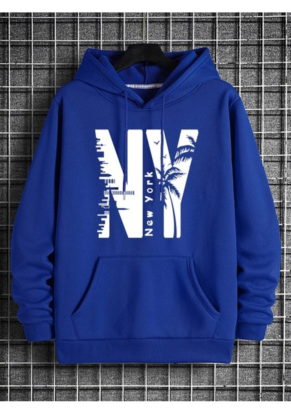 Sax Mavi New York Baskılı Oversize Erkek Sweatshirt