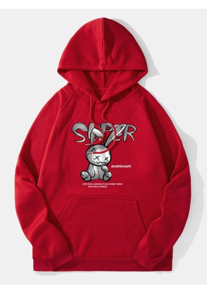 Kırmızı Süper Tavşan Baskılı Oversize Kapüşonlu Erkek Sweatshirt