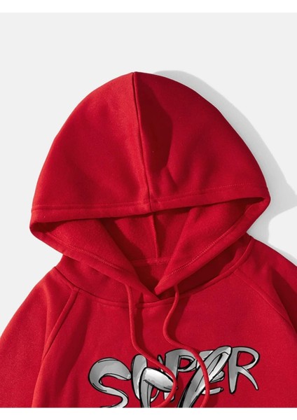 Kırmızı Süper Tavşan Baskılı Oversize Kapüşonlu Erkek Sweatshirt modelleri