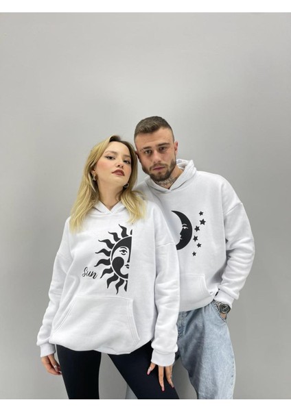 Unisex Beyaz Sun Moon Baskılı Kapşonlu Sevgili Çift Kombini 2'li Set