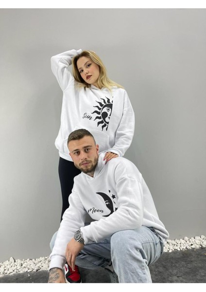 Unisex Beyaz Sun Moon Baskılı Kapşonlu Sevgili Çift Kombini 2'li Set fiyatları