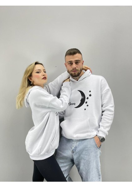 Unisex Beyaz Sun Moon Baskılı Kapşonlu Sevgili Çift Kombini 2'li Set modelleri