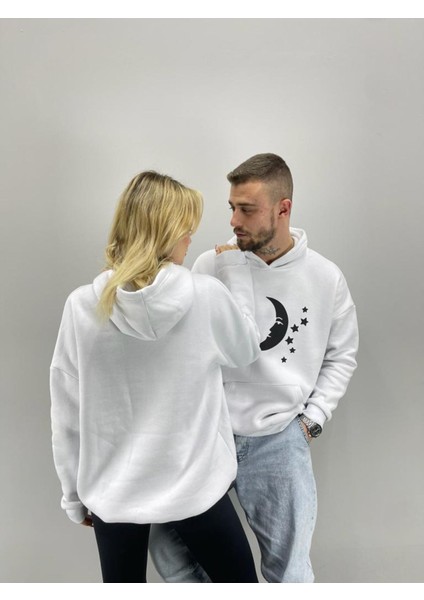 Unisex Beyaz Sun Moon Baskılı Kapşonlu Sevgili Çift Kombini 2'li Set fırsatları