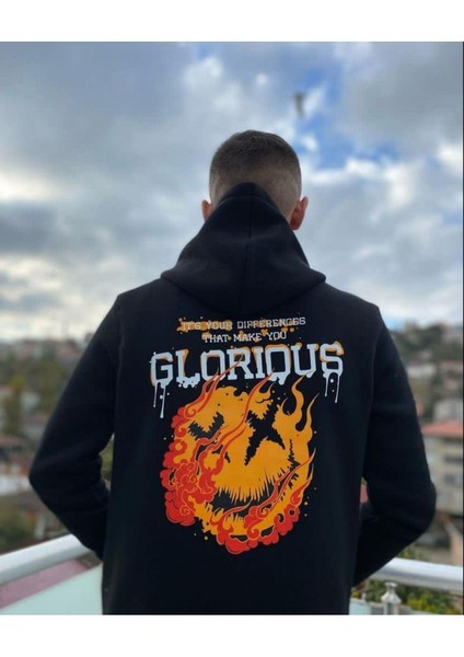 Erkek Siyah Glorıous Baskılı Oversize Kapüşonlu Sweatshirt