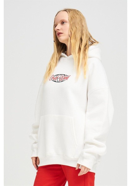 Unisex Beyaz Welcome Baskılı Oversize Kapüşonlu Sweatshirt fiyatları