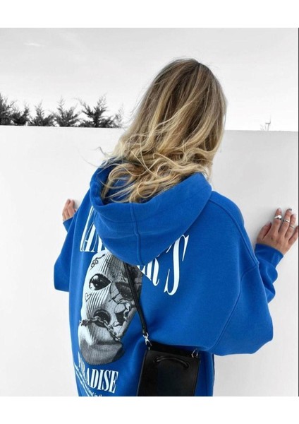 Unisex Mavi Gangster Baskılı Oversize Kapüşonlu Sweatshirt