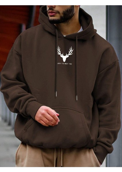 Kahverengi Geyik Baskılı Oversize Kapüşonlu Erkek Sweatshirt
