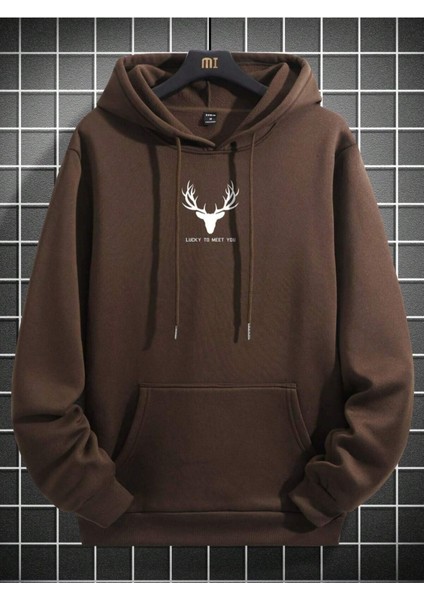 Kahverengi Geyik Baskılı Oversize Kapüşonlu Erkek Sweatshirt fiyatları
