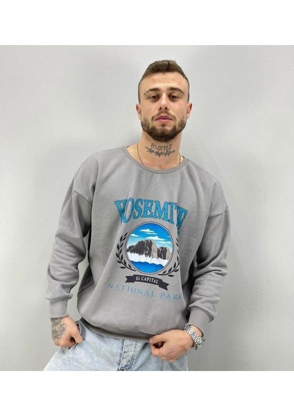 Erkek Gri Yosemıte Baskılı Oversize Bisiklet Yaka Sweatshirt