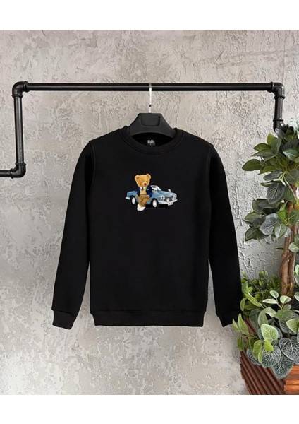 Siyah Ayı Baskılı Oversize Bisiklet Yaka Erkek Sweatshirt