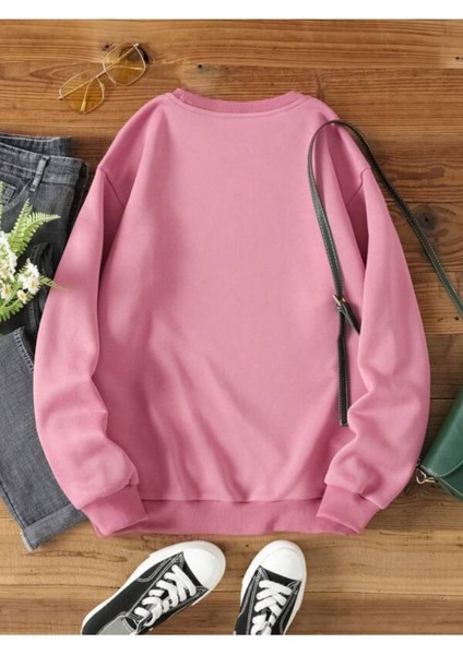 Pembe Domuz Baskılı Oversize Bisiklet Yaka Kadın Sweatshirt fiyatları