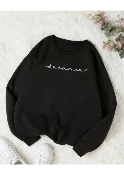 Siyah Dreamer Baskılı Oversize Bisiklet Yaka Unisex Sweat.