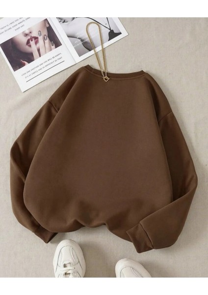 Kahverengi Dreamer Baskılı Oversize Bisiklet Yaka Unisex Sweat.