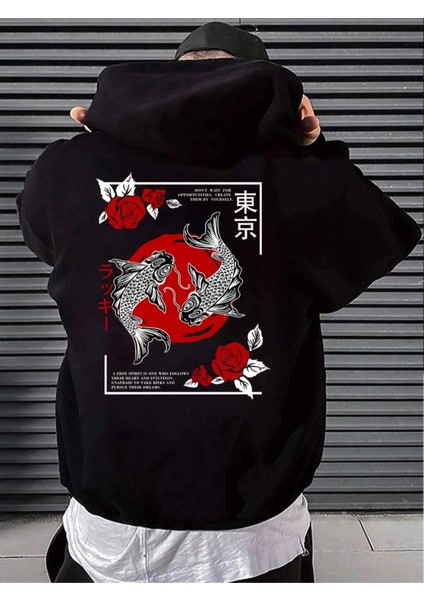 Siyah Japon Balık Baskılı Oversize Kapüşonlu Erkek Sweatshirt