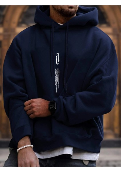 Lacivert Dikey Baskılı Oversize Kapüşonlu Erkek Sweatshirt