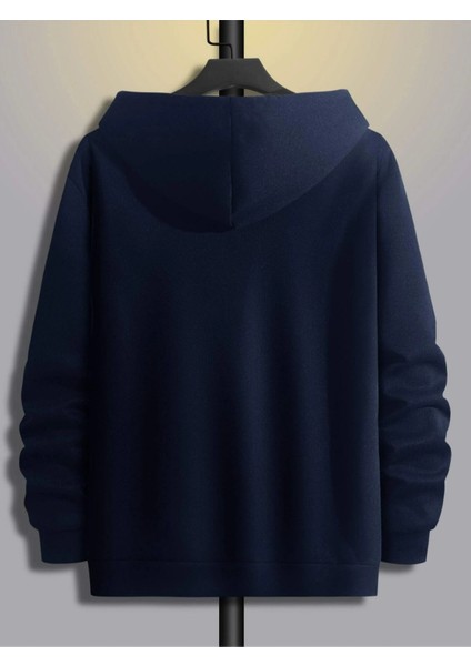 Lacivert Dikey Baskılı Oversize Kapüşonlu Erkek Sweatshirt