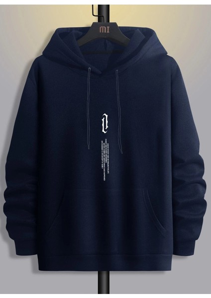 Lacivert Dikey Baskılı Oversize Kapüşonlu Erkek Sweatshirt