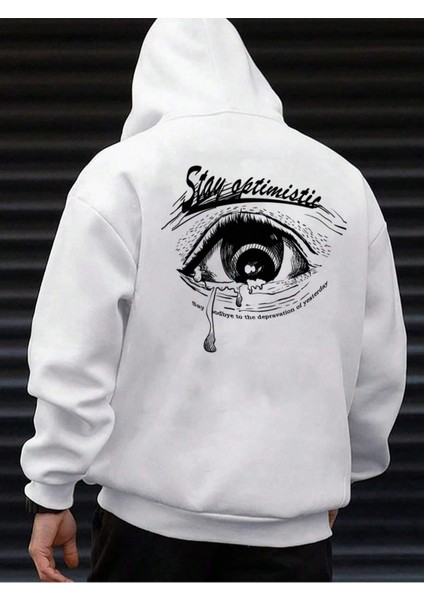 Beyaz Stay Optimistic Baskılı Oversize Kapüşonlu Erkek Sweatshirt