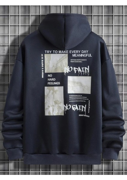 Lacivert No Pain No Gain Baskılı Oversize Kapüşonlu Erkek Sweatshirt