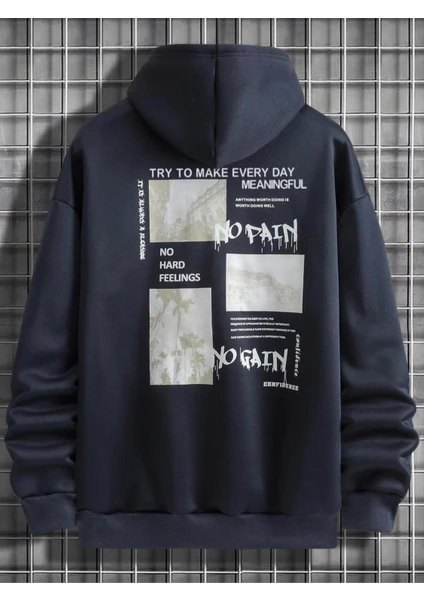 Black Sokak Lacivert No Pain No Gain Baskılı Oversize Kapüşonlu Erkek Sweatshirt