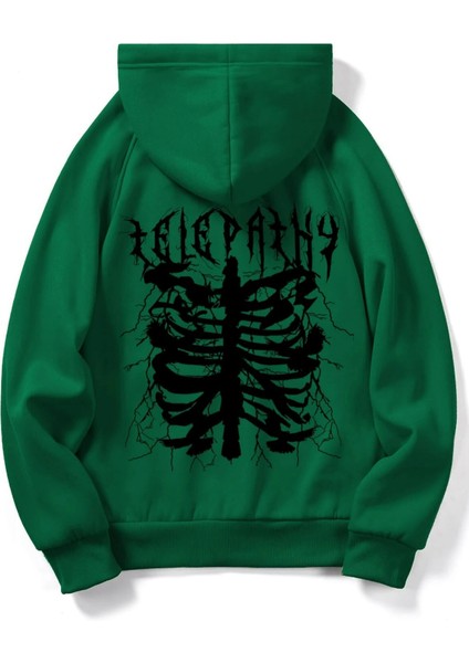 Yeşil Telepathy Baskılı Oversize Kapüşonlu Erkek Sweatshirt