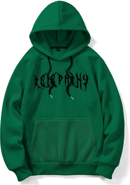 Yeşil Telepathy Baskılı Oversize Kapüşonlu Erkek Sweatshirt