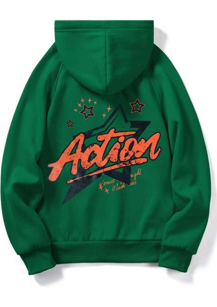 Yeşil Action Baskılı Oversize Kapüşonlu Erkek Sweatshirt