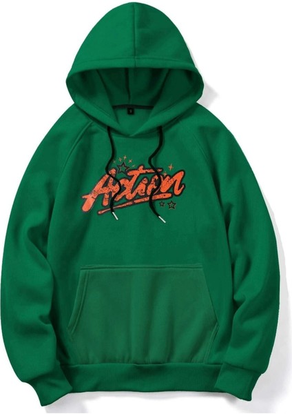Yeşil Action Baskılı Oversize Kapüşonlu Erkek Sweatshirt