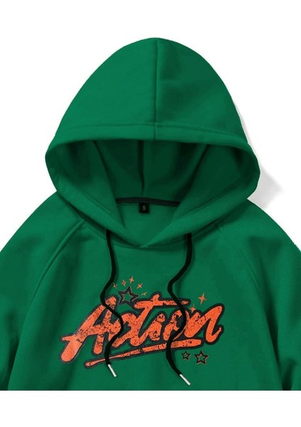 Yeşil Action Baskılı Oversize Kapüşonlu Erkek Sweatshirt