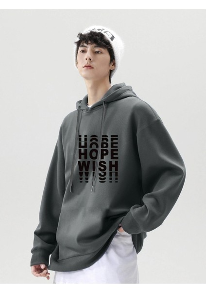Antrasit Hope Wish Baskılı Oversize Kapüşonlu Erkek Sweatshirt