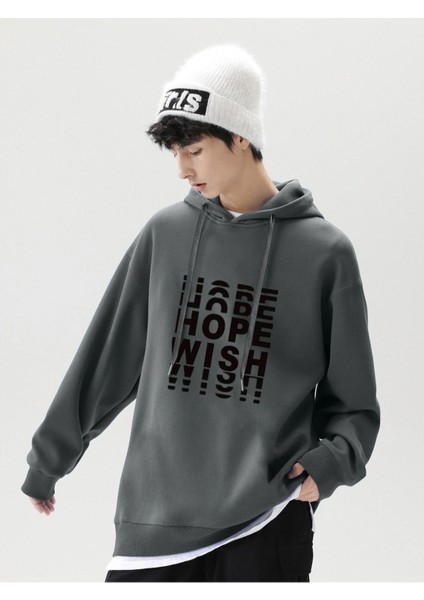 Antrasit Hope Wish Baskılı Oversize Kapüşonlu Erkek Sweatshirt