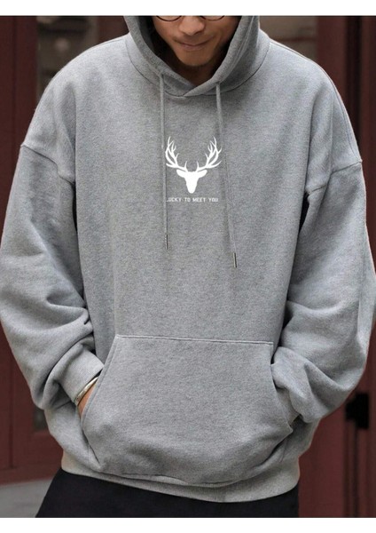 Açık Gri Geyik Baskılı Oversize Kapüşonlu Erkek Sweatshirt