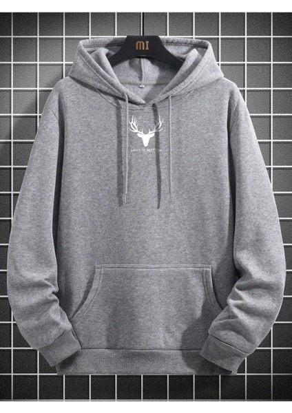 Açık Gri Geyik Baskılı Oversize Kapüşonlu Erkek Sweatshirt