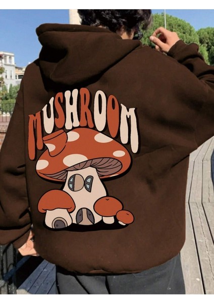 Kahverengi Mushroom Mantar Baskılı Oversize Kapüşonlu Erkek Sweatshirt