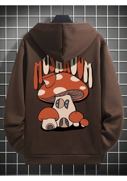 Kahverengi Mushroom Mantar Baskılı Oversize Kapüşonlu Erkek Sweatshirt