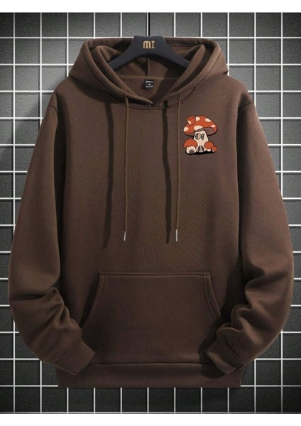 Kahverengi Mushroom Mantar Baskılı Oversize Kapüşonlu Erkek Sweatshirt