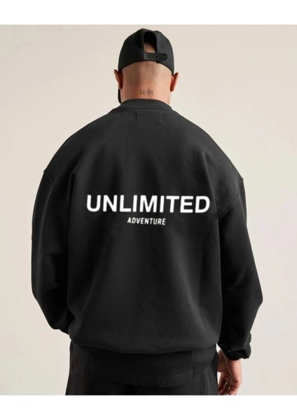 Erkek Siyah Unlımıted Baskılı Oversize Bisiklet Yaka Sweatshirt