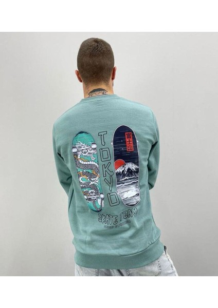 Erkek Nefti Yeşili Tokyo Baskılı Oversize Bisiklet Yaka Sweatshirt