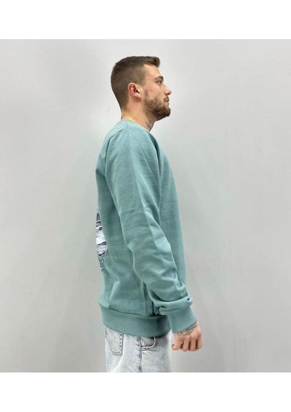 Erkek Nefti Yeşili Tokyo Baskılı Oversize Bisiklet Yaka Sweatshirt