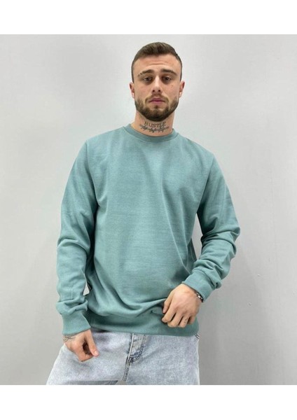 Erkek Nefti Yeşili Tokyo Baskılı Oversize Bisiklet Yaka Sweatshirt