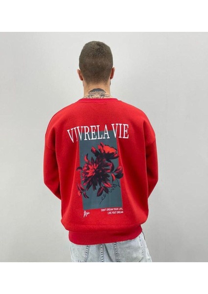 Erkek Kırmızı Vıvrela Vıe Baskılı Oversize Bisiklet Yaka Sweatshirt
