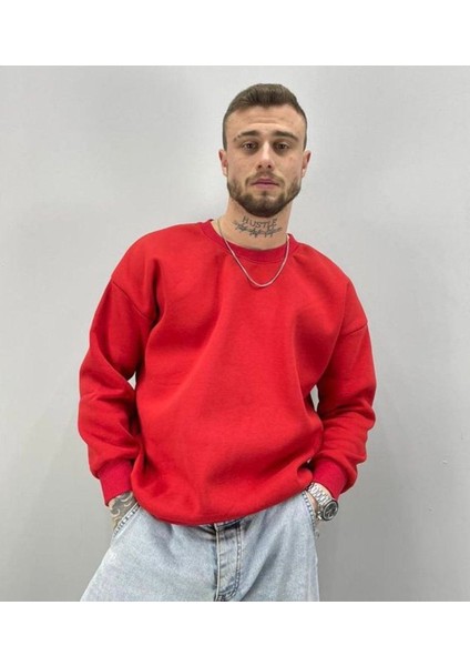 Erkek Kırmızı Vıvrela Vıe Baskılı Oversize Bisiklet Yaka Sweatshirt modelleri