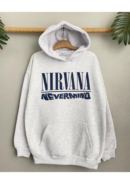 Gri Nirvana Baskılı Oversize Kapuşonlu Erkek Sweatshirt