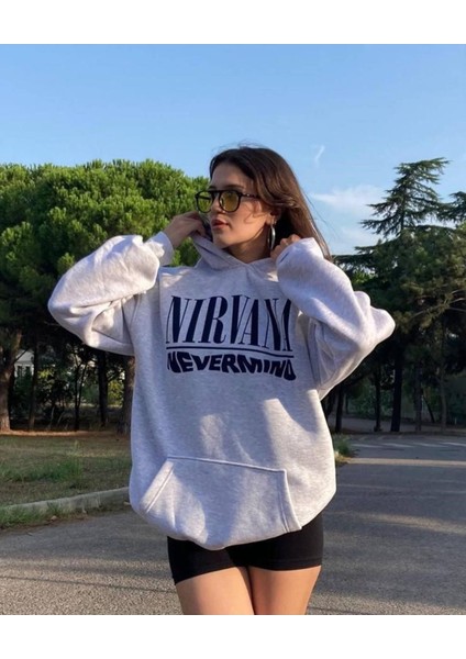 Gri Nirvana Baskılı Oversize Kapuşonlu Erkek Sweatshirt fiyatları