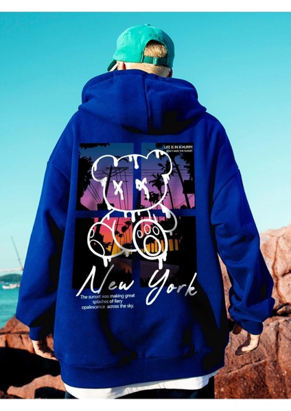 Sax Mavi New York Ayı Baskılı Oversize Erkek Sweatshirt